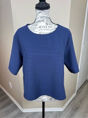 BCBGeneration Navy and Black Striped Short Sleeve Boxy Top